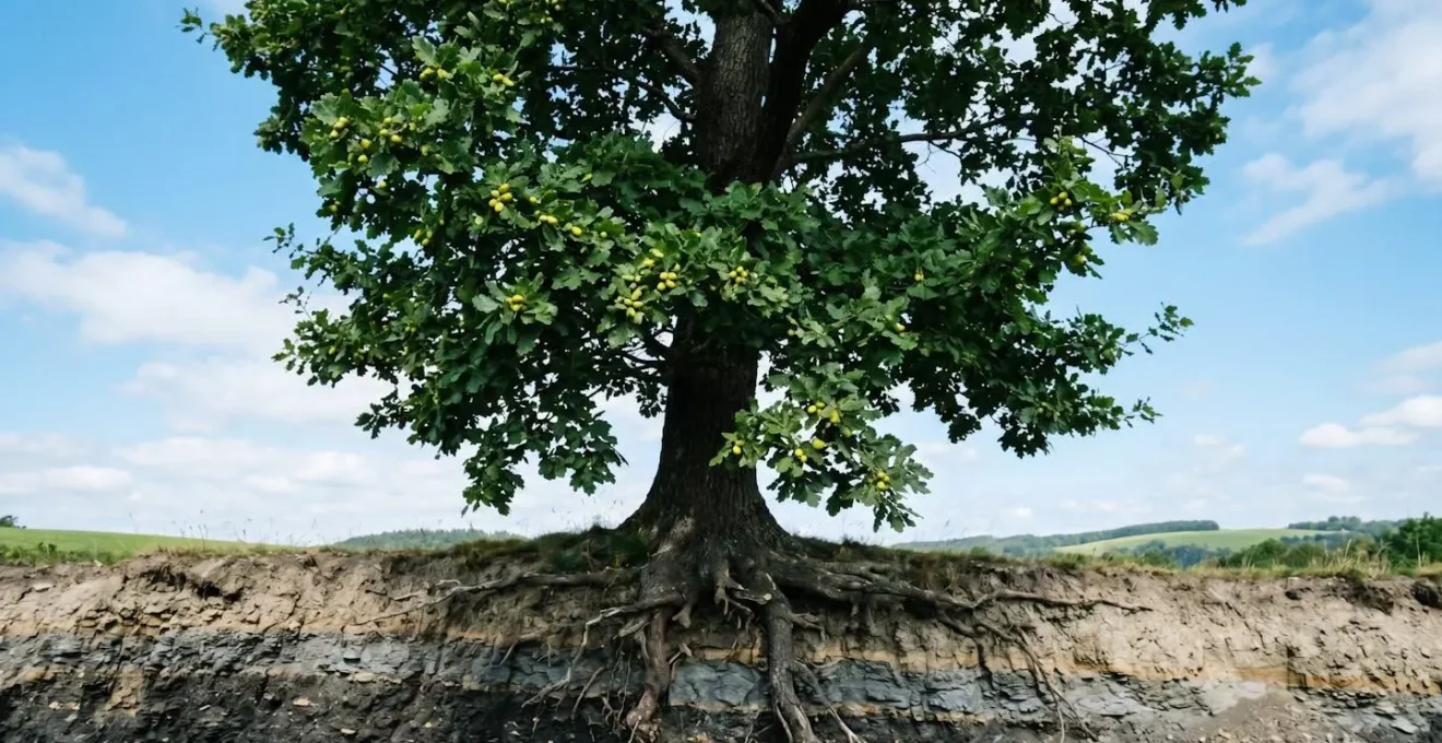 Arbre mature aux feuilles vertes avec racines visibles plongeant dans un sol stratifié de différentes couleurs, photographié en contre-plongée sur fond de ciel bleu